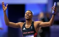 Hughes during the Men's 4x100m relay finals at the 2024 Summer Olympics in Paris (image via Getty)